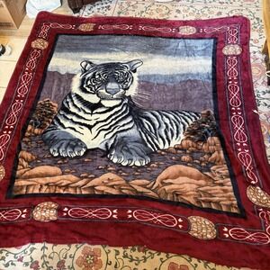 Vintage White Bengal Tiger Blanket Throw 84X79  80s 90s  Red Fleece